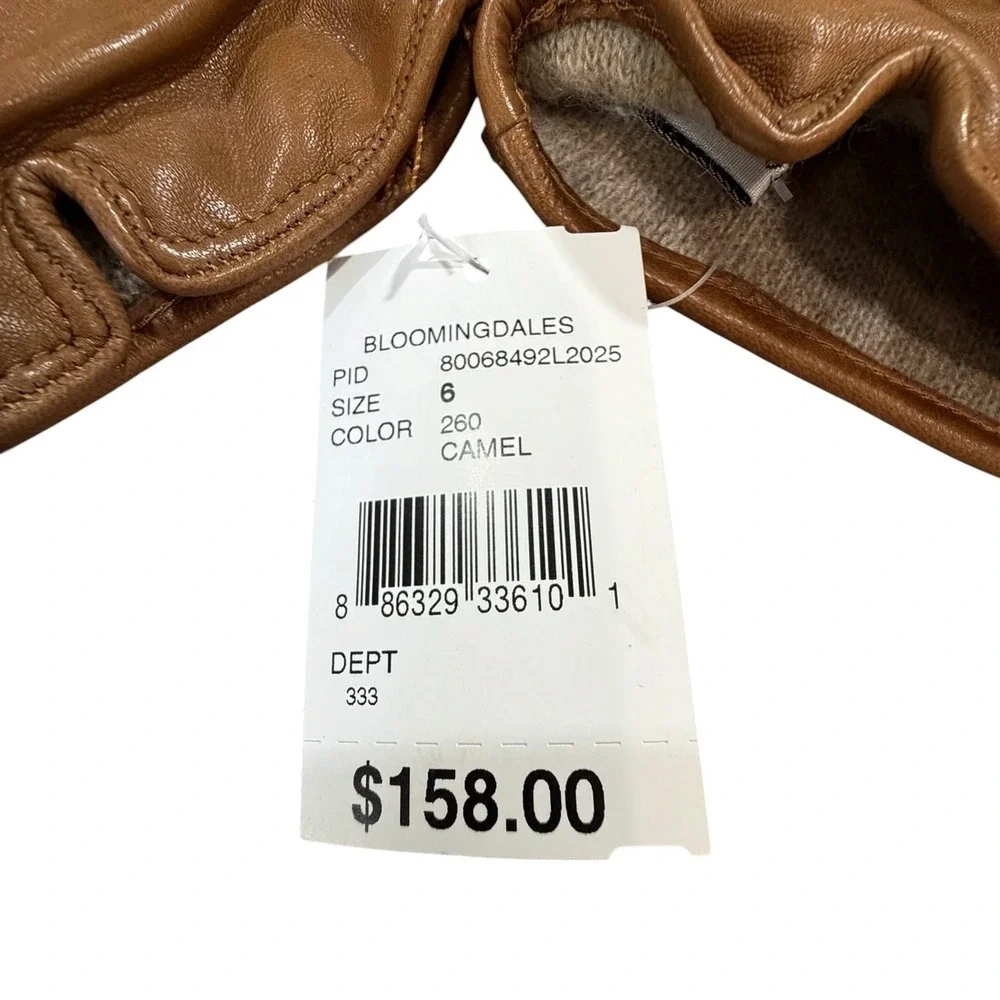 Bloomingdale's Italian Leather Fringe Gloves Camel Cashmere Lined SZ 6 NWT Boho